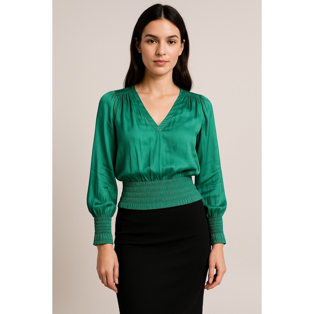 RACHEL Rachel Roy Emerald Green Ruched Elastic Waist V Neck Long Sleeve Blouse M